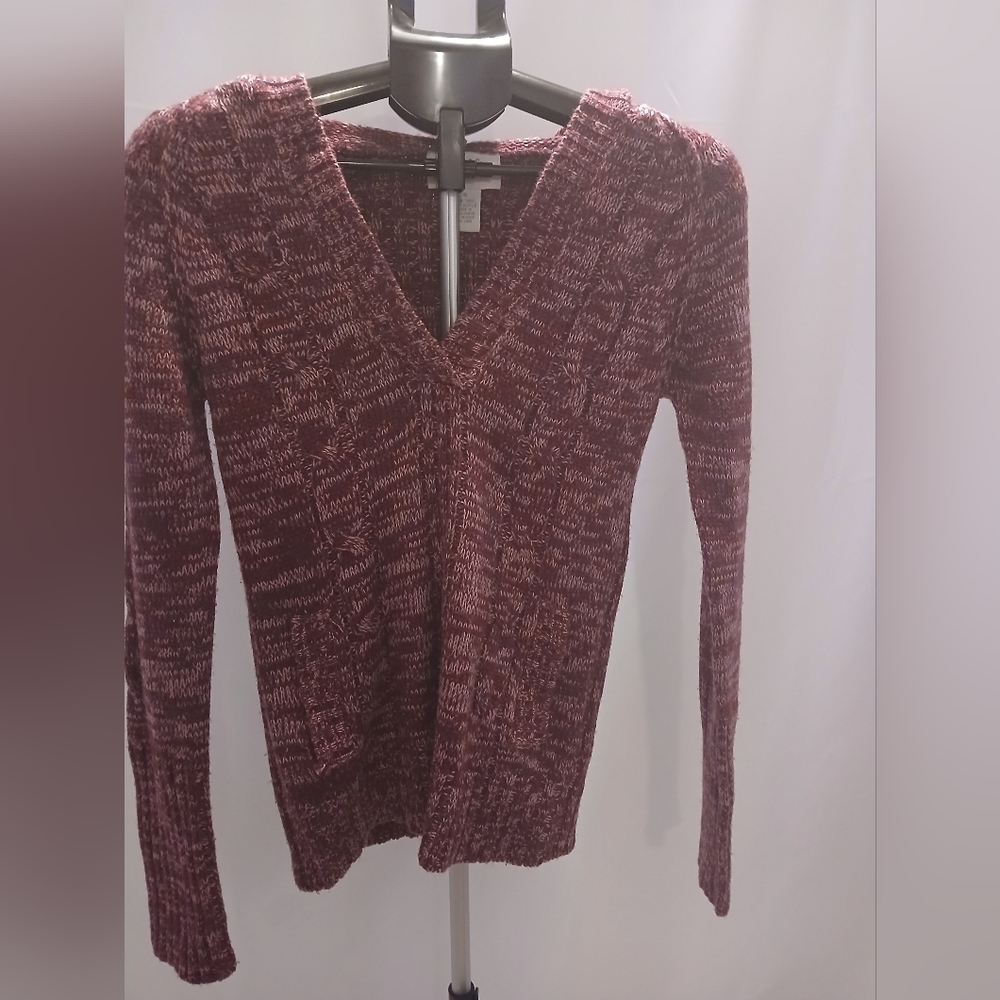 Andrew & Co Womens S Burgundy Purple Space Dye V-Neck Hooded Sweater Knit Top